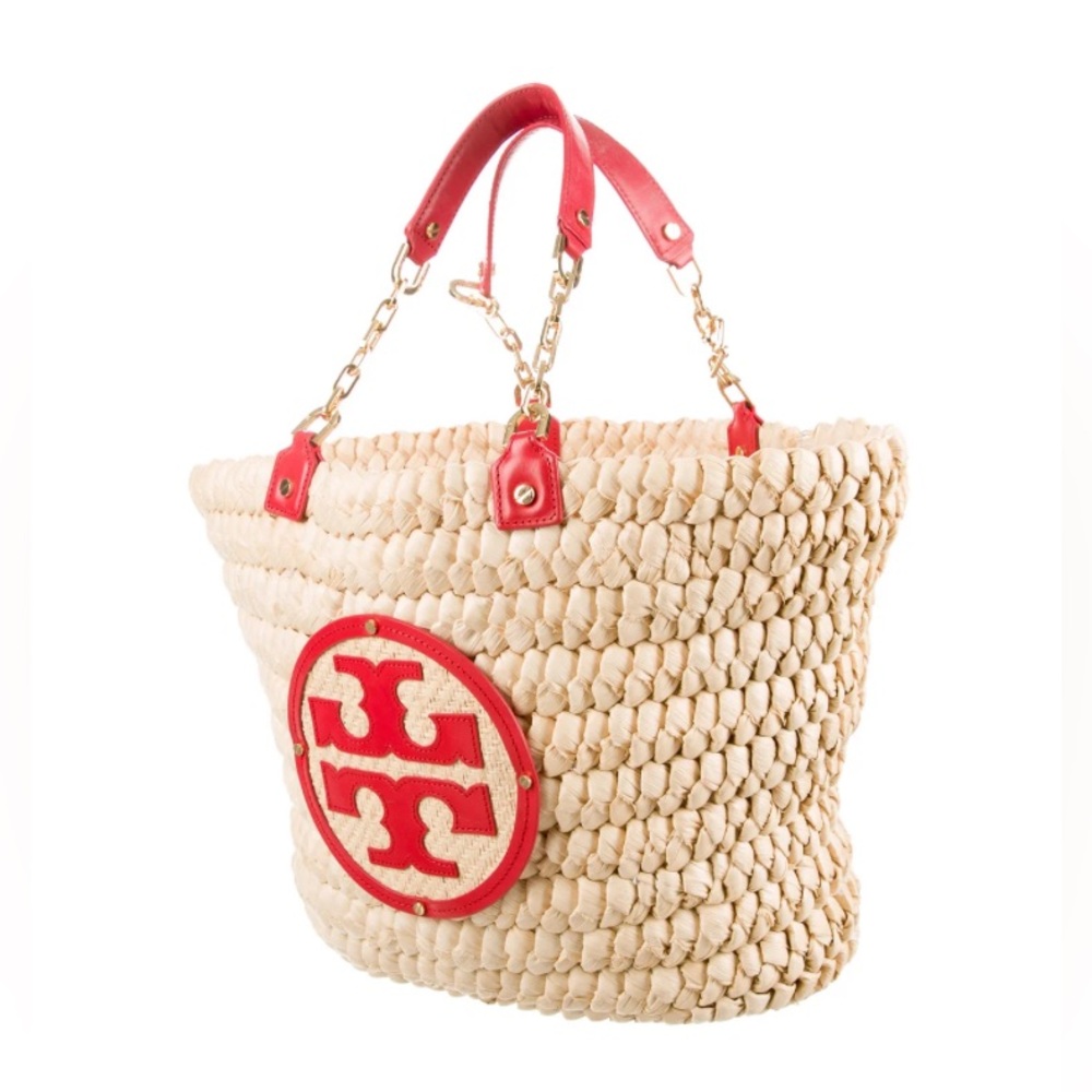 Tory Burch - EUC - Audrey Straw Woven Tote with Red Accents - Like New - Picture 3 of 13